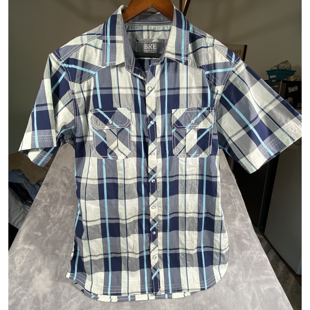 BKE Buckle‎ Western Shirt Men Large Pearl Snaps Athletic Fit Plaid Cowboy Rodeo